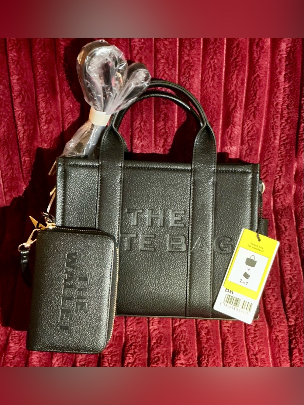 The Tote Bag Embossed Black Bag with Matching The Wallet Black